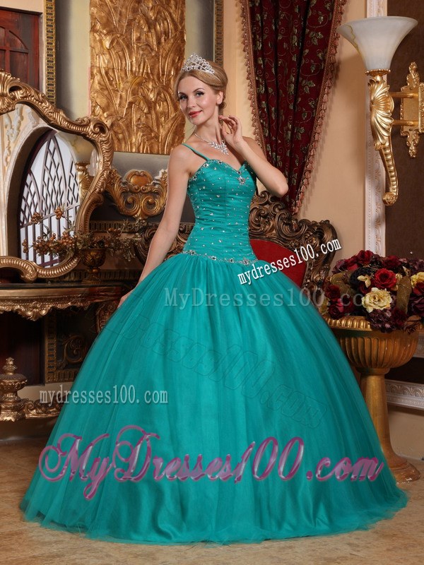 Trendy Teal Spaghetti Straps Beading and Ruches Tulle Quinceneara Dress