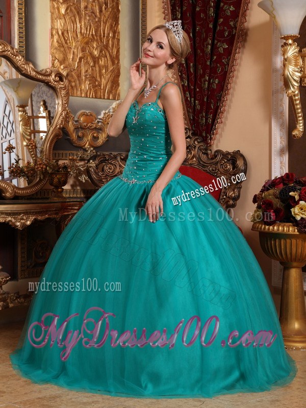 Trendy Teal Spaghetti Straps Beading and Ruches Tulle Quinceneara Dress