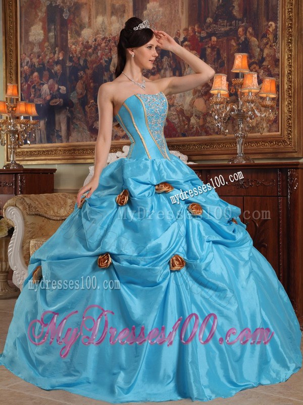 Strapless Teal Floor-length Sweet Sixteen Dresses with Beading and 3D Flowers