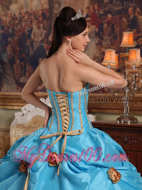 Strapless Teal Floor-length Sweet Sixteen Dresses with Beading and 3D Flowers