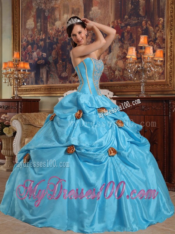 Strapless Teal Floor-length Sweet Sixteen Dresses with Beading and 3D Flowers