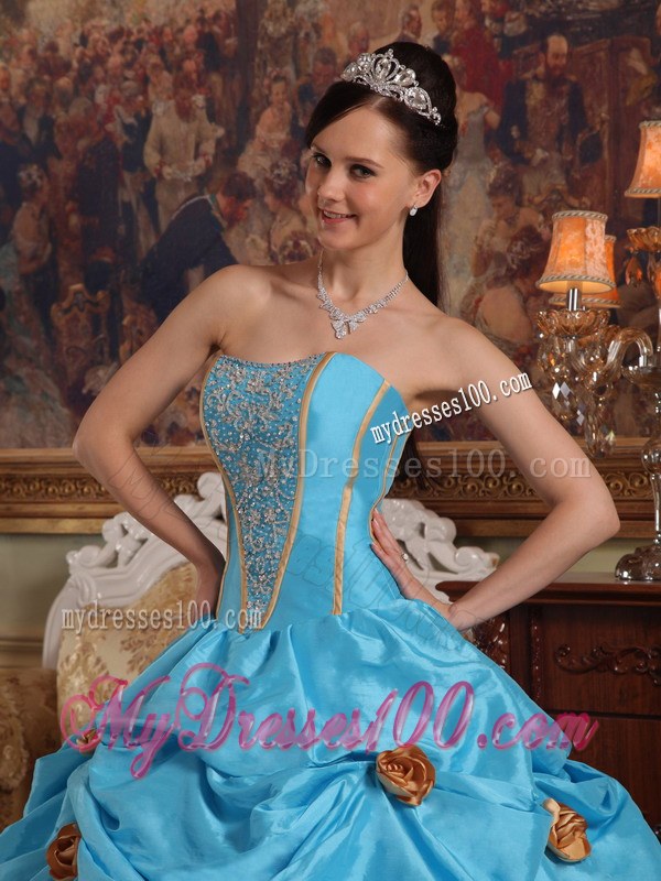 Strapless Teal Floor-length Sweet Sixteen Dresses with Beading and 3D Flowers