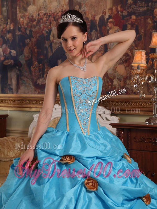 Strapless Teal Floor-length Sweet Sixteen Dresses with Beading and 3D Flowers