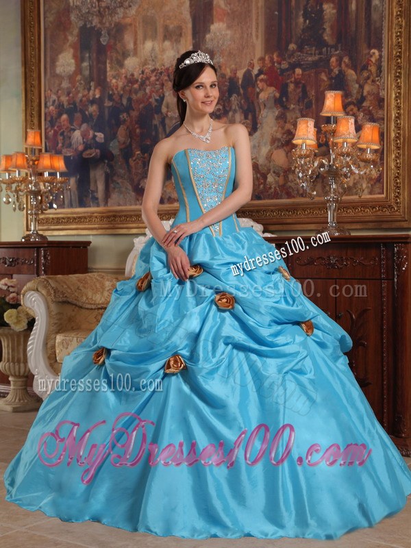Strapless Teal Floor-length Sweet Sixteen Dresses with Beading and 3D Flowers