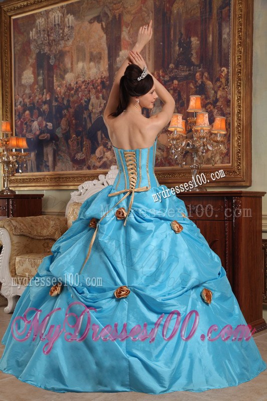 Strapless Teal Floor-length Sweet Sixteen Dresses with Beading and 3D Flowers