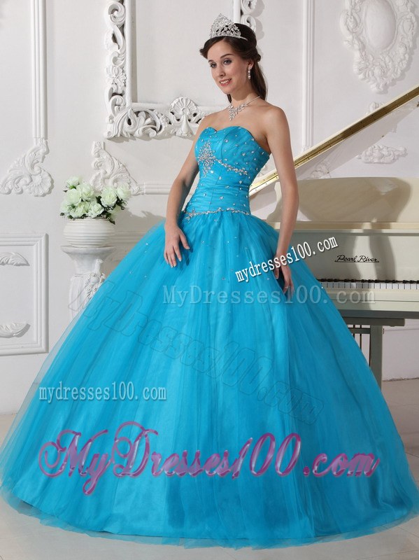 Beaded Teal Ball Gown Strapless Quinceanera Dress of Sweetheart