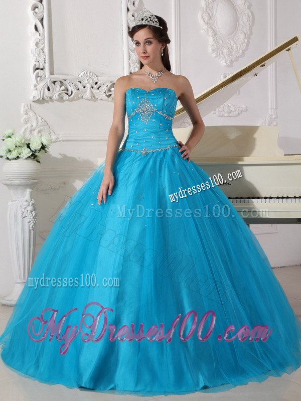 Beaded Teal Ball Gown Strapless Quinceanera Dress of Sweetheart