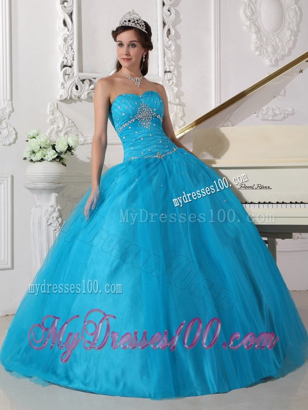 Beaded Teal Ball Gown Strapless Quinceanera Dress of Sweetheart