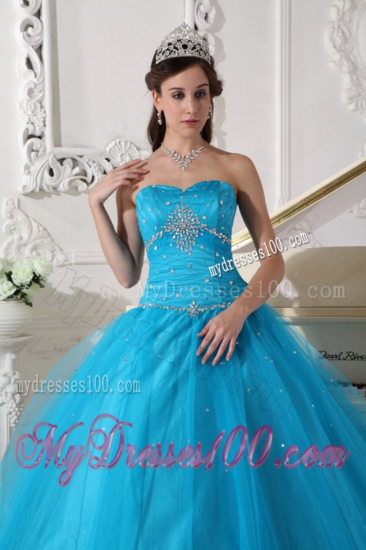 Beaded Teal Ball Gown Strapless Quinceanera Dress of Sweetheart