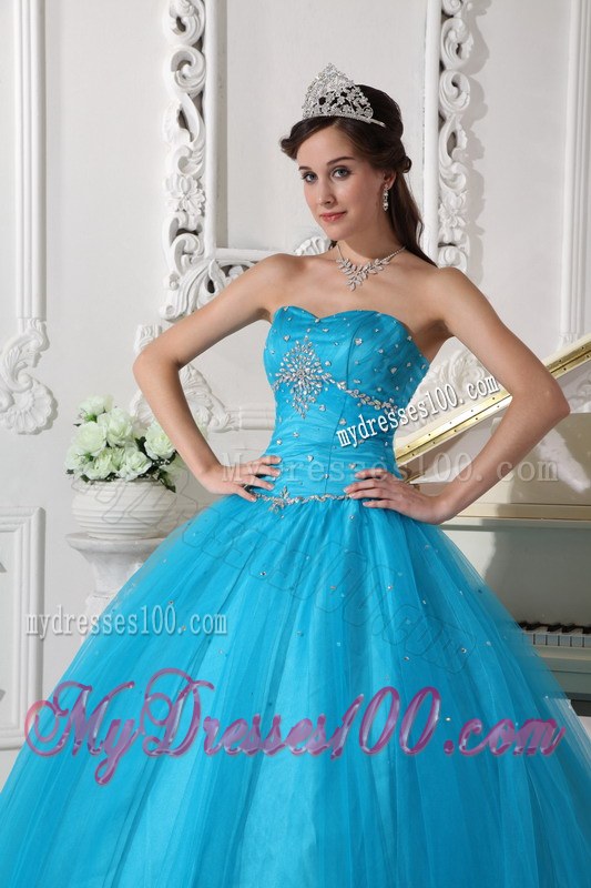 Beaded Teal Ball Gown Strapless Quinceanera Dress of Sweetheart