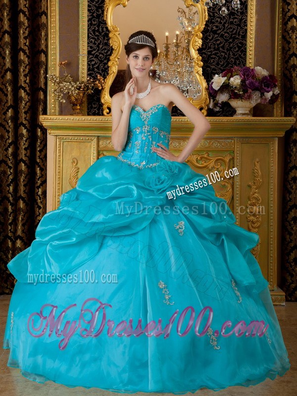 Teal Sweetheart Quinceanera Dress with Hand Made Flowers