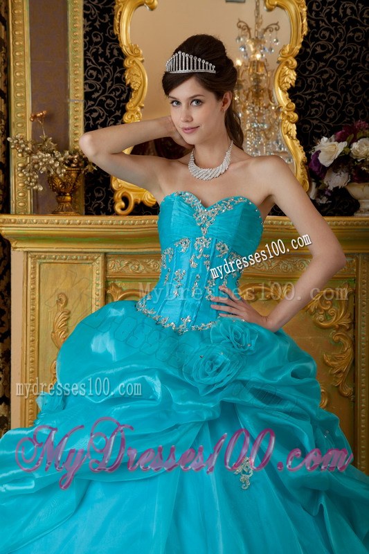 Teal Sweetheart Quinceanera Dress with Hand Made Flowers