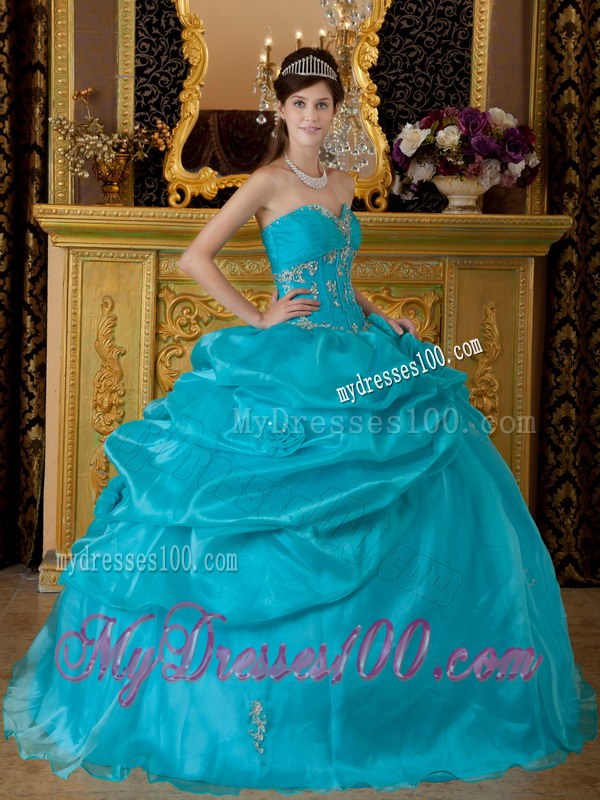 Teal Sweetheart Quinceanera Dress with Hand Made Flowers