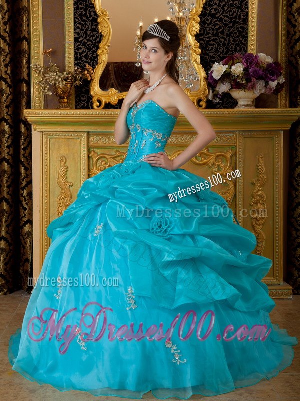 Teal Sweetheart Quinceanera Dress with Hand Made Flowers