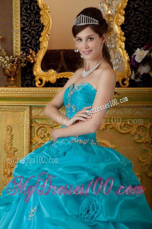 Teal Sweetheart Quinceanera Dress with Hand Made Flowers