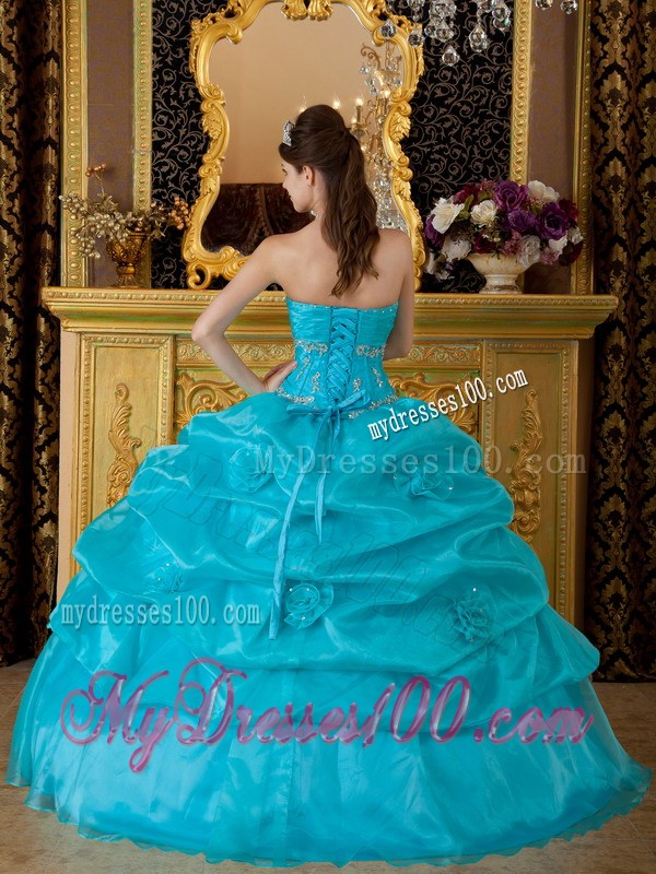 Teal Sweetheart Quinceanera Dress with Hand Made Flowers