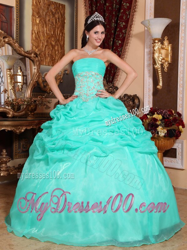 Stylish Turquoise Strapless Organza Appliques Quinceanera Gown Floor-length