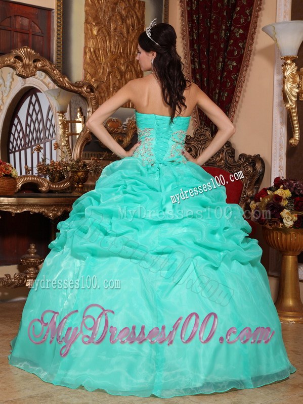 Stylish Turquoise Strapless Organza Appliques Quinceanera Gown Floor-length