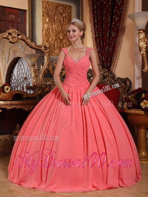 Watermelon Pink V-neck Beaded Chiffon Quinceanera Gown with Wide Straps