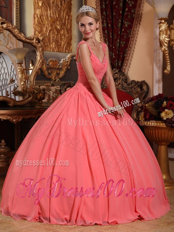 Watermelon Pink V-neck Beaded Chiffon Quinceanera Gown with Wide Straps