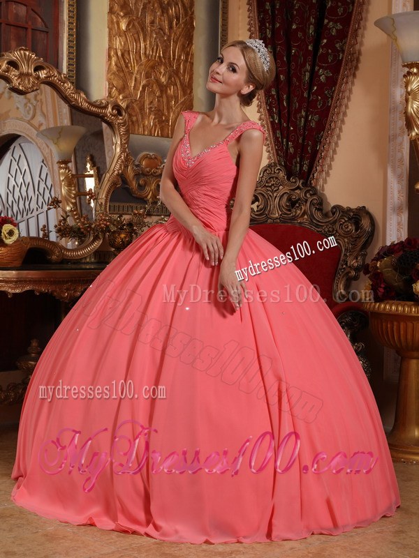 Watermelon Pink V-neck Beaded Chiffon Quinceanera Gown with Wide Straps