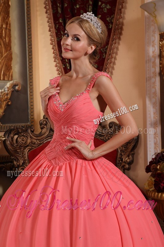 Watermelon Pink V-neck Beaded Chiffon Quinceanera Gown with Wide Straps