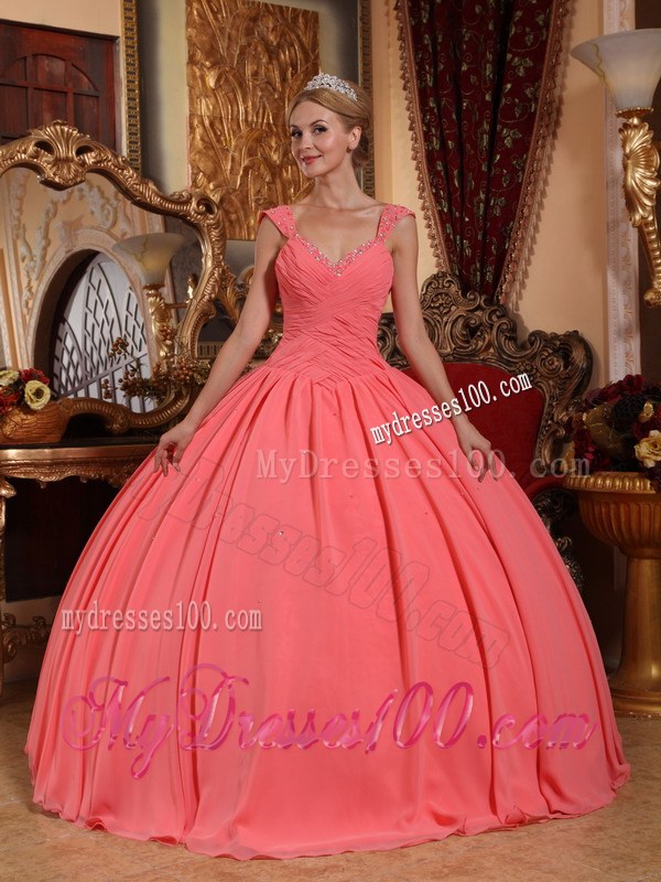 Watermelon Pink V-neck Beaded Chiffon Quinceanera Gown with Wide Straps
