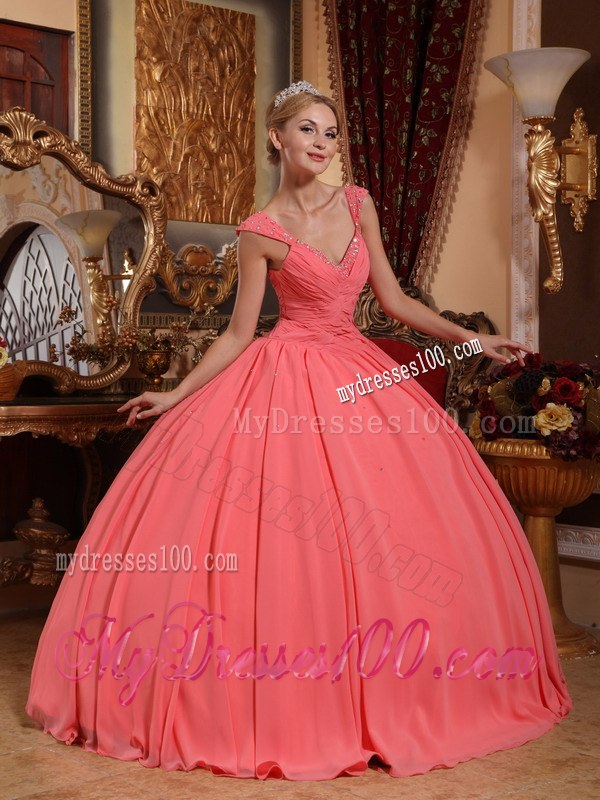 Watermelon Pink V-neck Beaded Chiffon Quinceanera Gown with Wide Straps