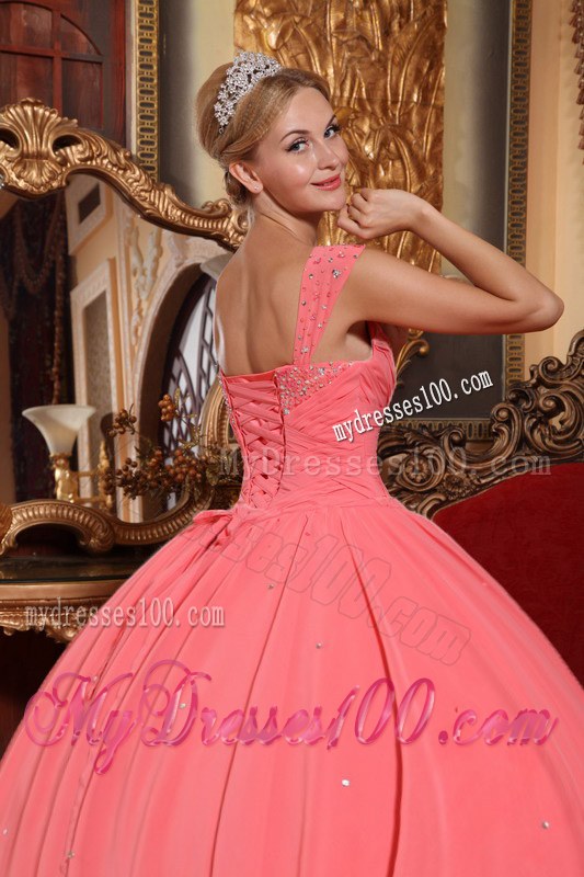 Watermelon Pink V-neck Beaded Chiffon Quinceanera Gown with Wide Straps