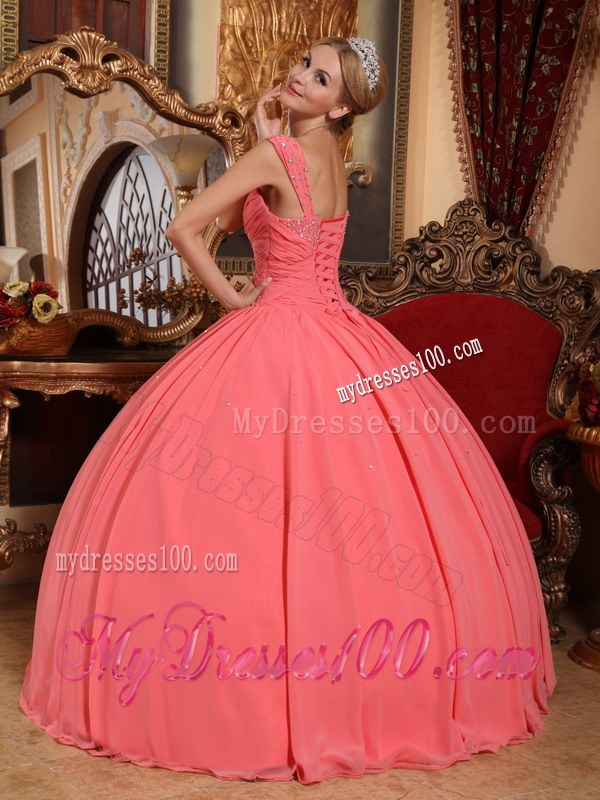 Watermelon Pink V-neck Beaded Chiffon Quinceanera Gown with Wide Straps