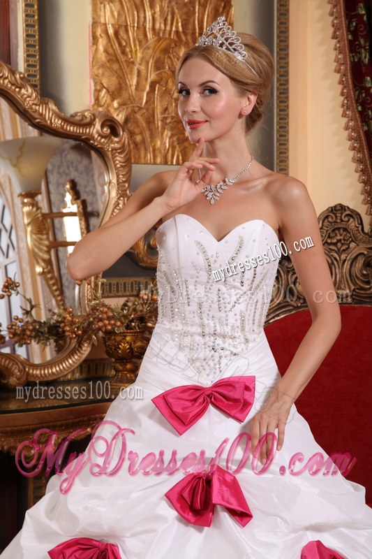 White A-line Quinceanera Dress with Beading and Bowknots