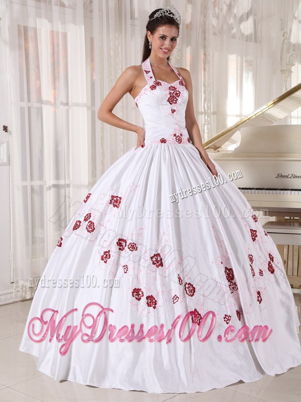 White Taffeta with Red Embroidery Halter Top Quinceanera Dress
