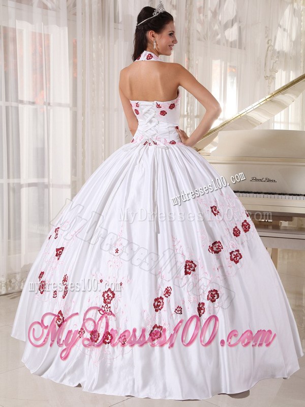 White Taffeta with Red Embroidery Halter Top Quinceanera Dress