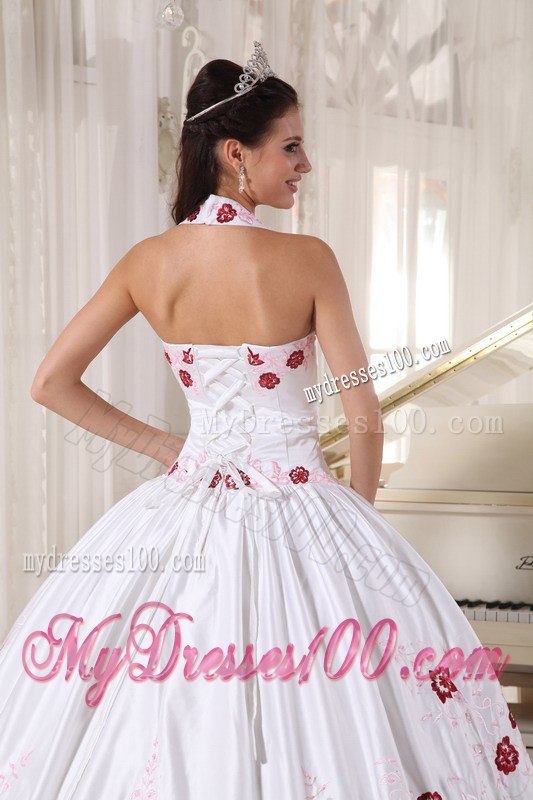 White Taffeta with Red Embroidery Halter Top Quinceanera Dress