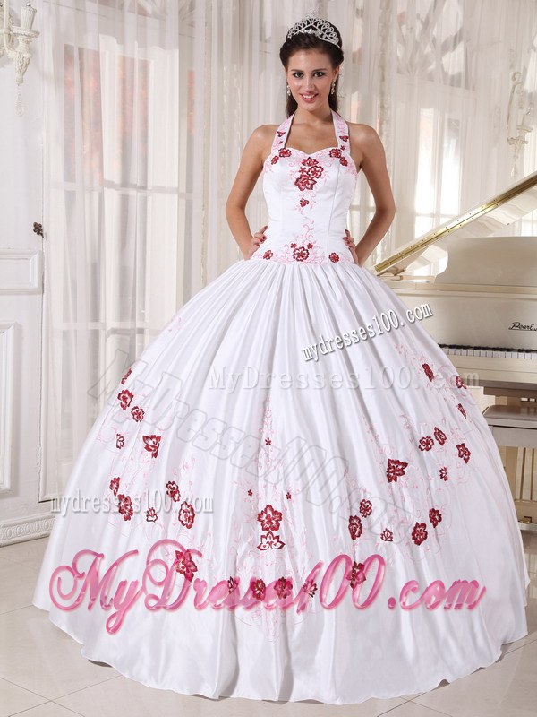 White Taffeta with Red Embroidery Halter Top Quinceanera Dress