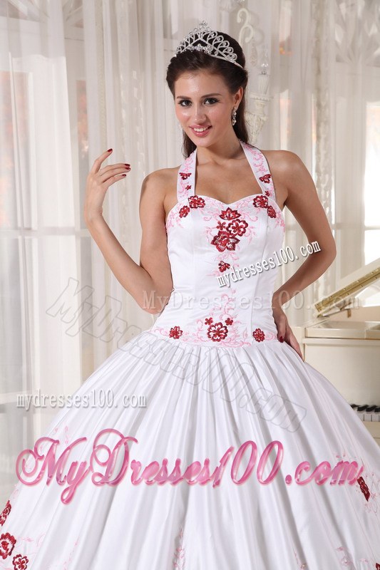 White Taffeta with Red Embroidery Halter Top Quinceanera Dress
