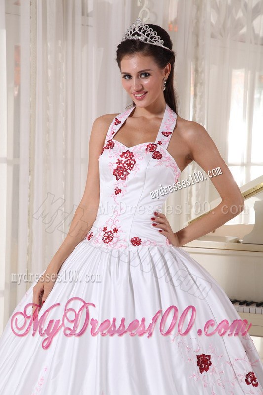 White Taffeta with Red Embroidery Halter Top Quinceanera Dress