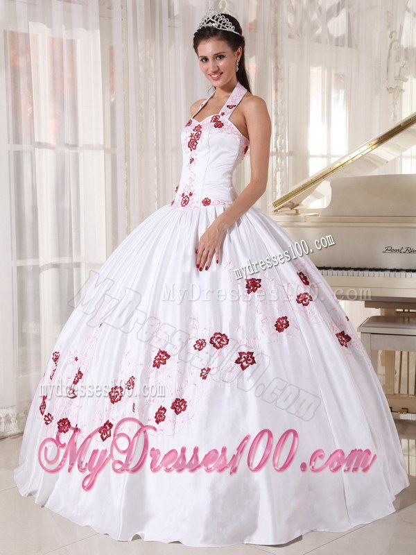 White Taffeta with Red Embroidery Halter Top Quinceanera Dress