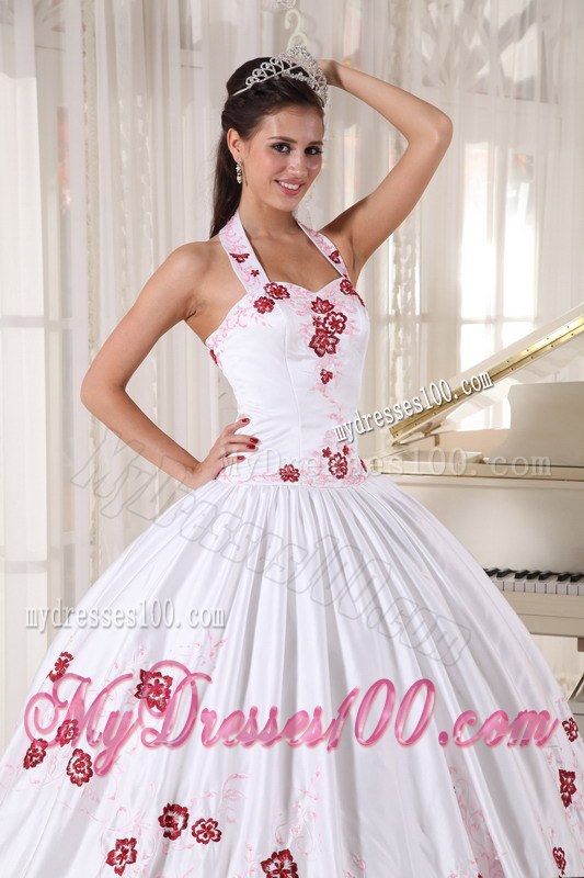 White Taffeta with Red Embroidery Halter Top Quinceanera Dress
