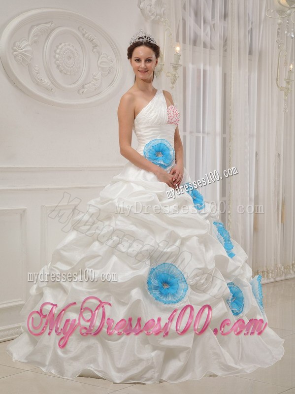 White One Ruched Shoulder Pick-ups Quinceanera Gown Beaded with Flowers