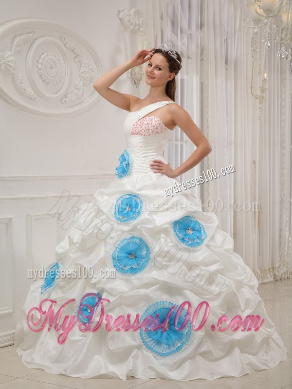 White One Ruched Shoulder Pick-ups Quinceanera Gown Beaded with Flowers
