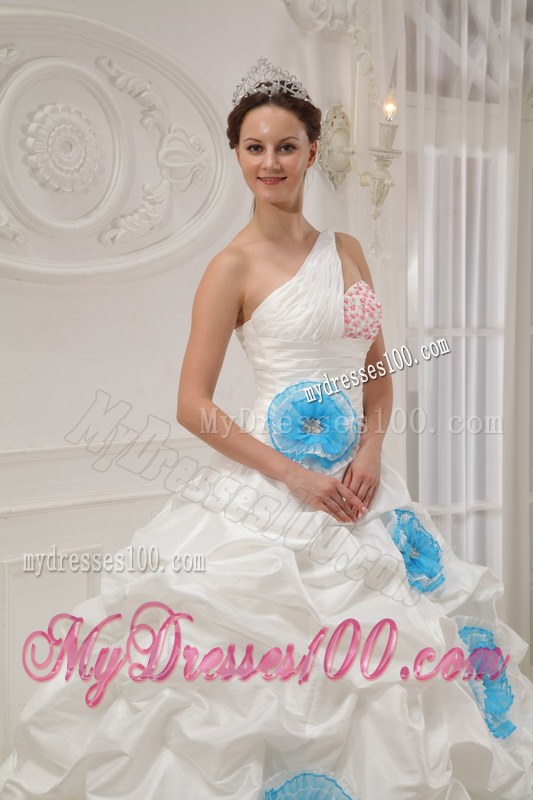 White One Ruched Shoulder Pick-ups Quinceanera Gown Beaded with Flowers