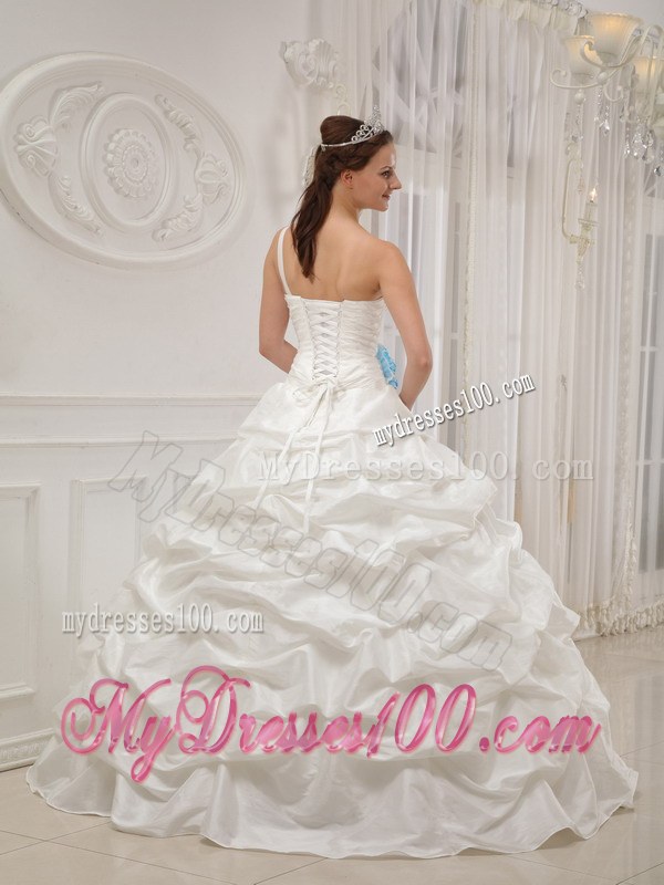 White One Ruched Shoulder Pick-ups Quinceanera Gown Beaded with Flowers