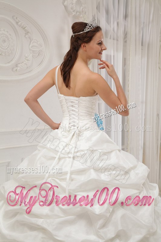 White One Ruched Shoulder Pick-ups Quinceanera Gown Beaded with Flowers