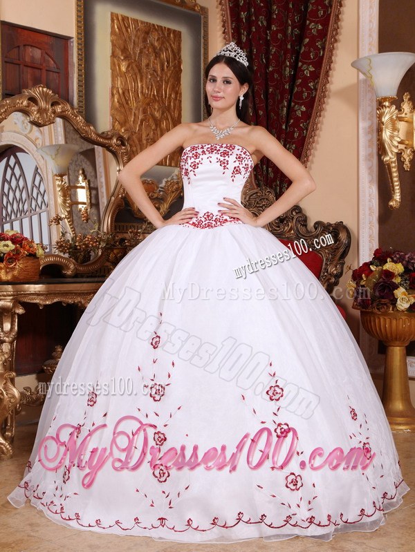 White Strapless Floor-length Organza Quinces Dresses with Red Embroidery