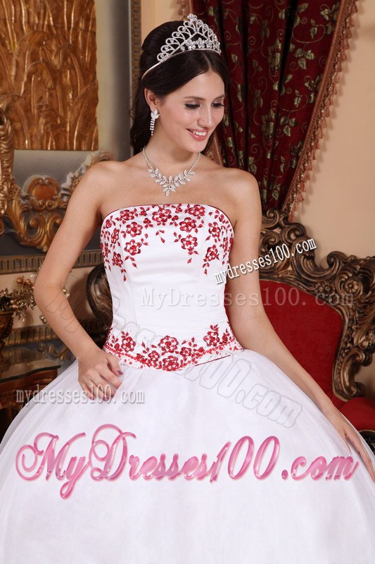 White Strapless Floor-length Organza Quinces Dresses with Red Embroidery