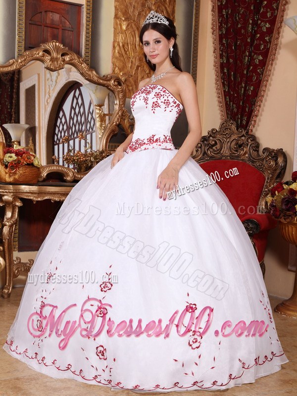 White Strapless Floor-length Organza Quinces Dresses with Red Embroidery