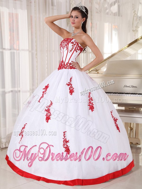 White Ball Gown Strapless Quinceanera Dress with Red Appliques