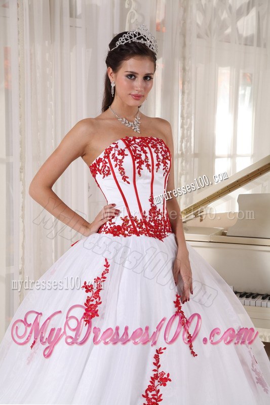 White Ball Gown Strapless Quinceanera Dress with Red Appliques