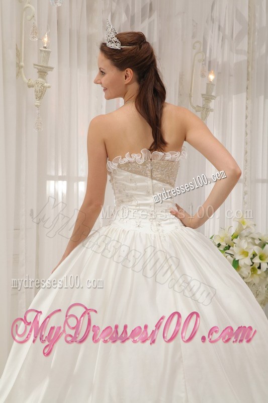 Discounted White Strapless Taffeta Beaded Quinceanera Dress with Embroidery